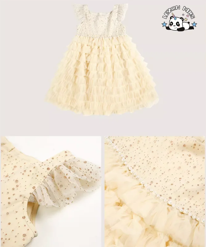 LEZONKIDS - Melhor Novo Produto de 2024 Vestido de Bolo Tutu com Manga de Renda Ruffle Últimos Desenhos de Vestidos para Crianças